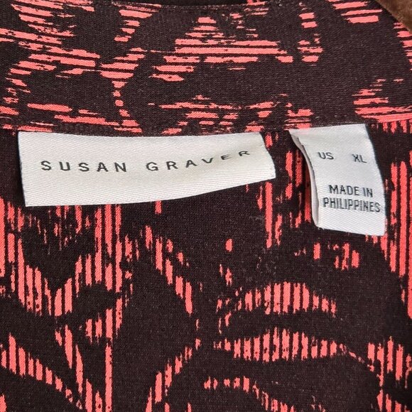 Susan Graver Womens Printed Button-Down Blouse XL Black/Rust Long Sleeve - Picture 2 of 9
